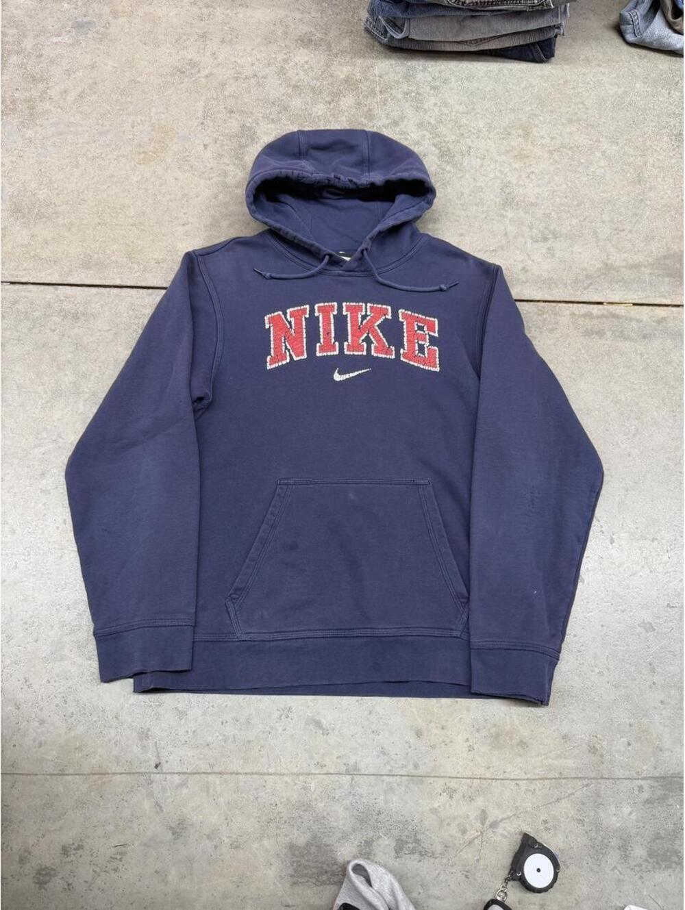vintage nike navy and white spell out center swoosh hoodie size small